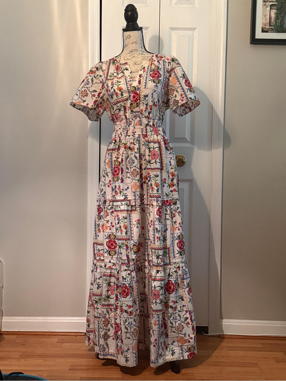 Anthropologie White Maxi Dress with Pink and Red Floral Patchwork